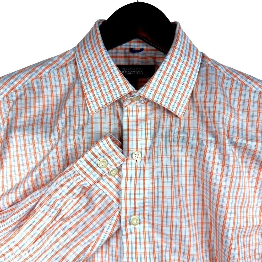 Kenneth Cole‎ Reaction Mens Slim Fit Non Iron Plaid Dress Shirt Orange Blue M